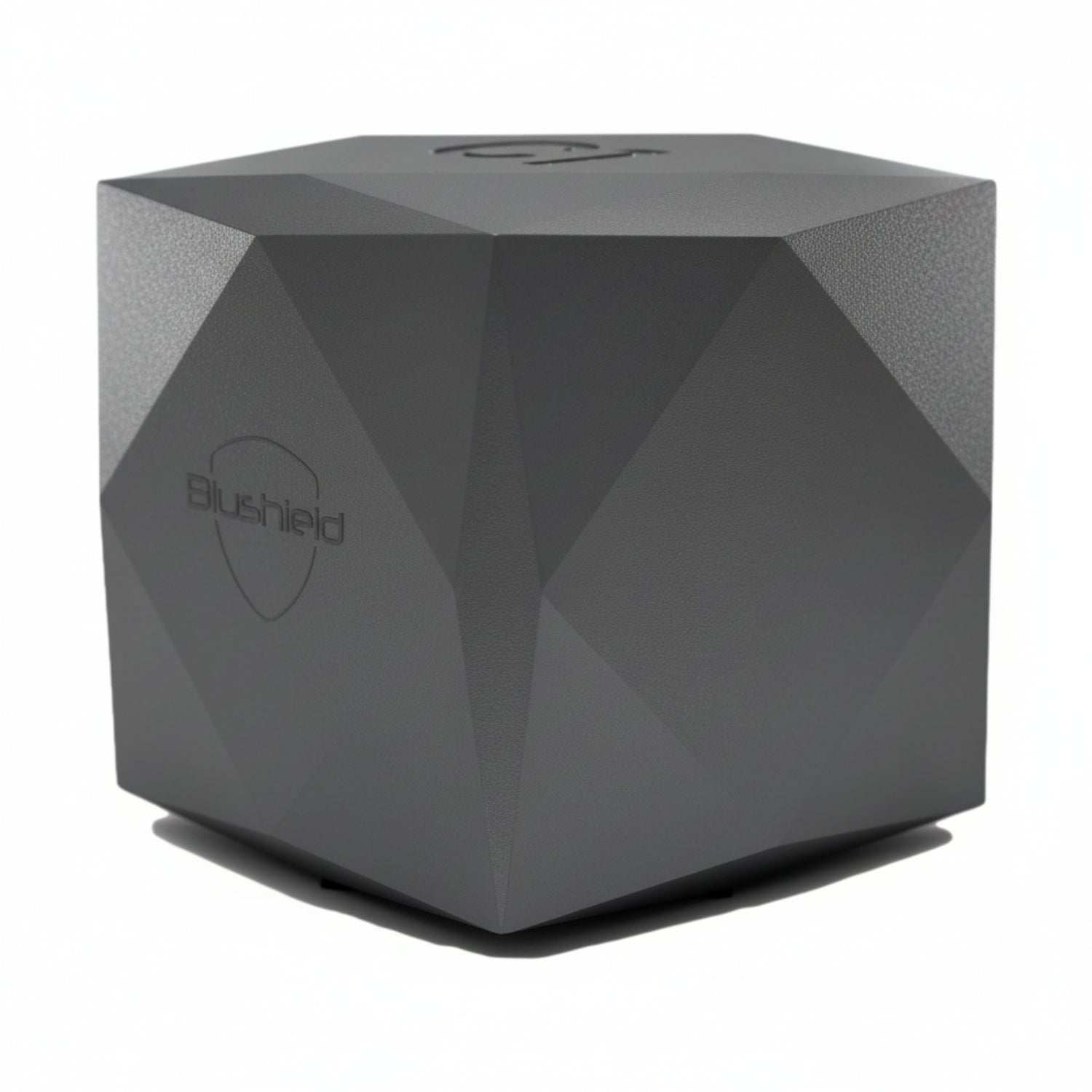 black cube with angles on all sides, white text Blushield with shape of shield behind