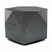 black cube with angles on all sides, white text Blushield with shape of shield behind