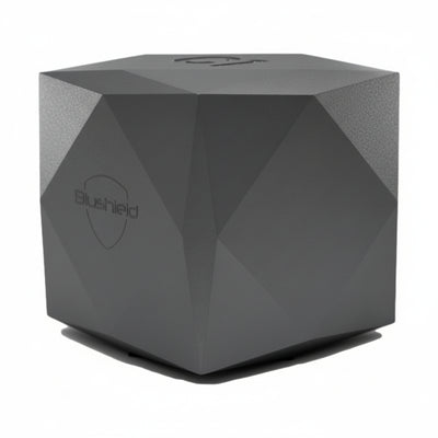 black cube with angles on all sides, white text Blushield with shape of shield behind