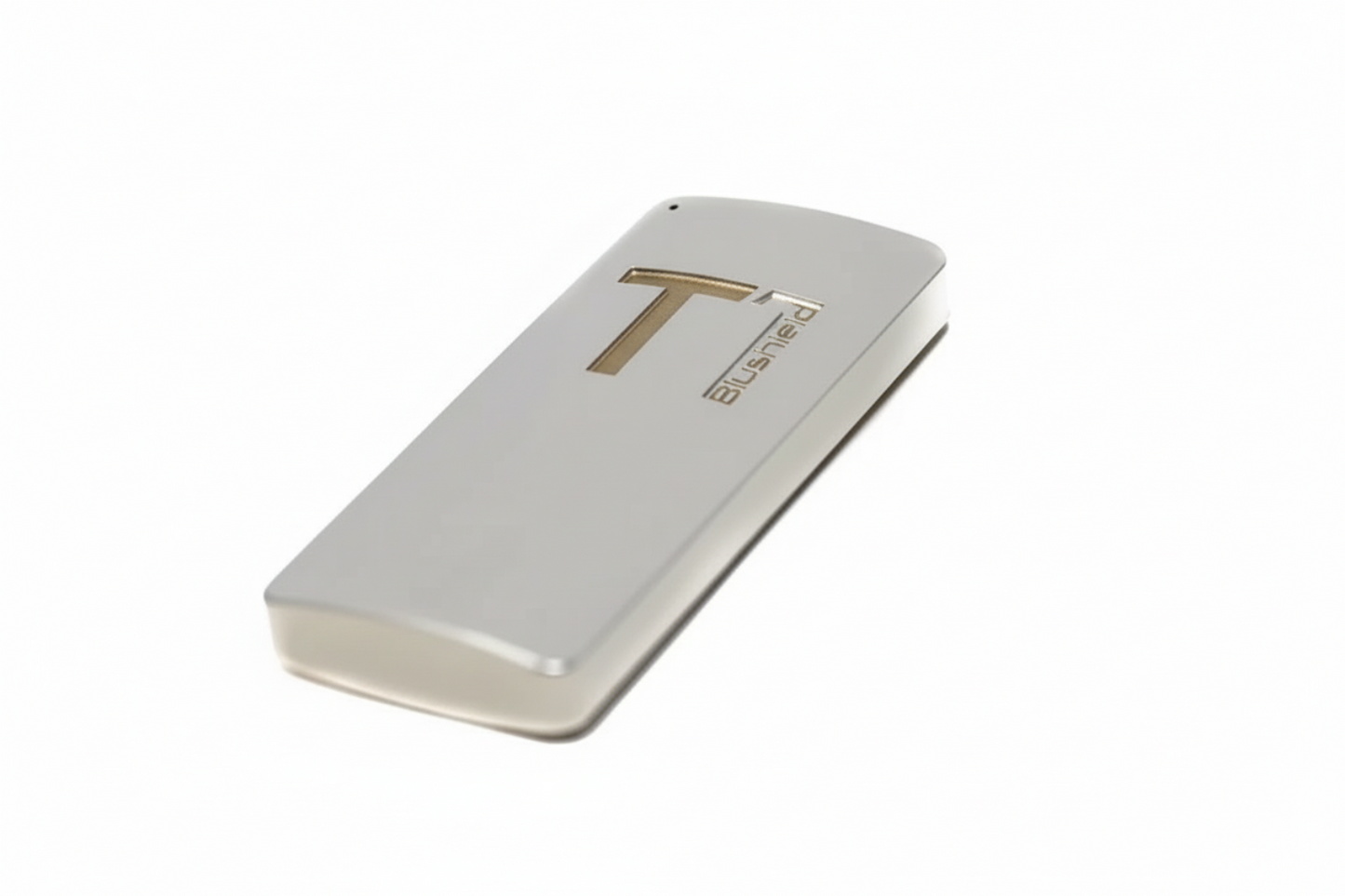 Silver device with Blushield brand name on a white background