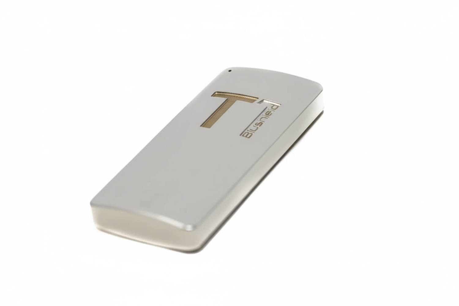 Silver device with Blushield brand name on a white background