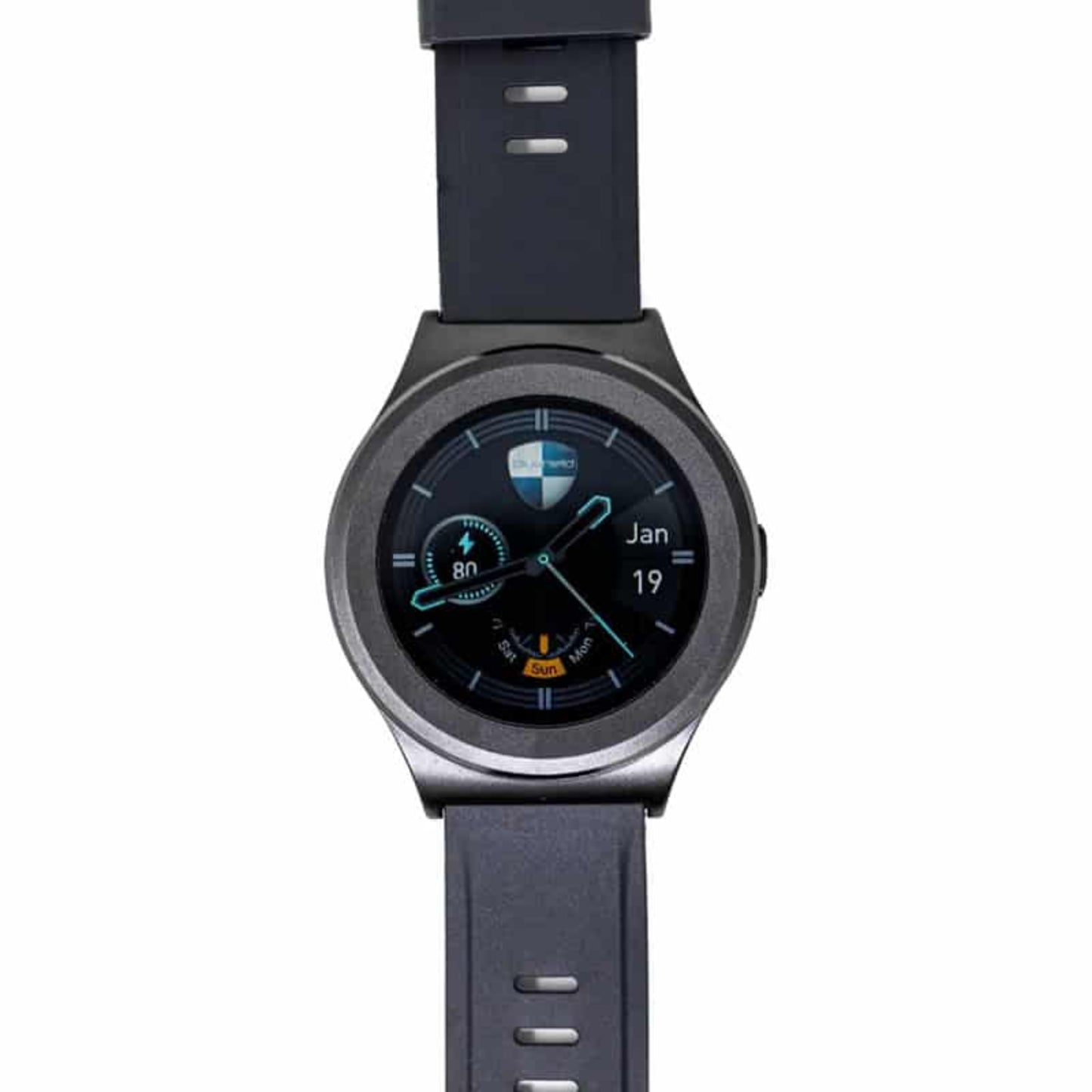 EMF protection smartwatch with a dark gray strap on a white background