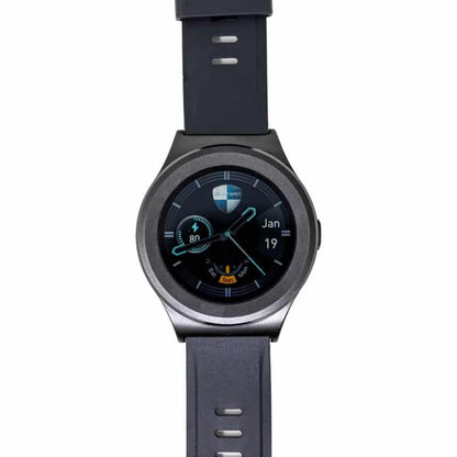 EMF protection smartwatch with a dark gray strap on a white background