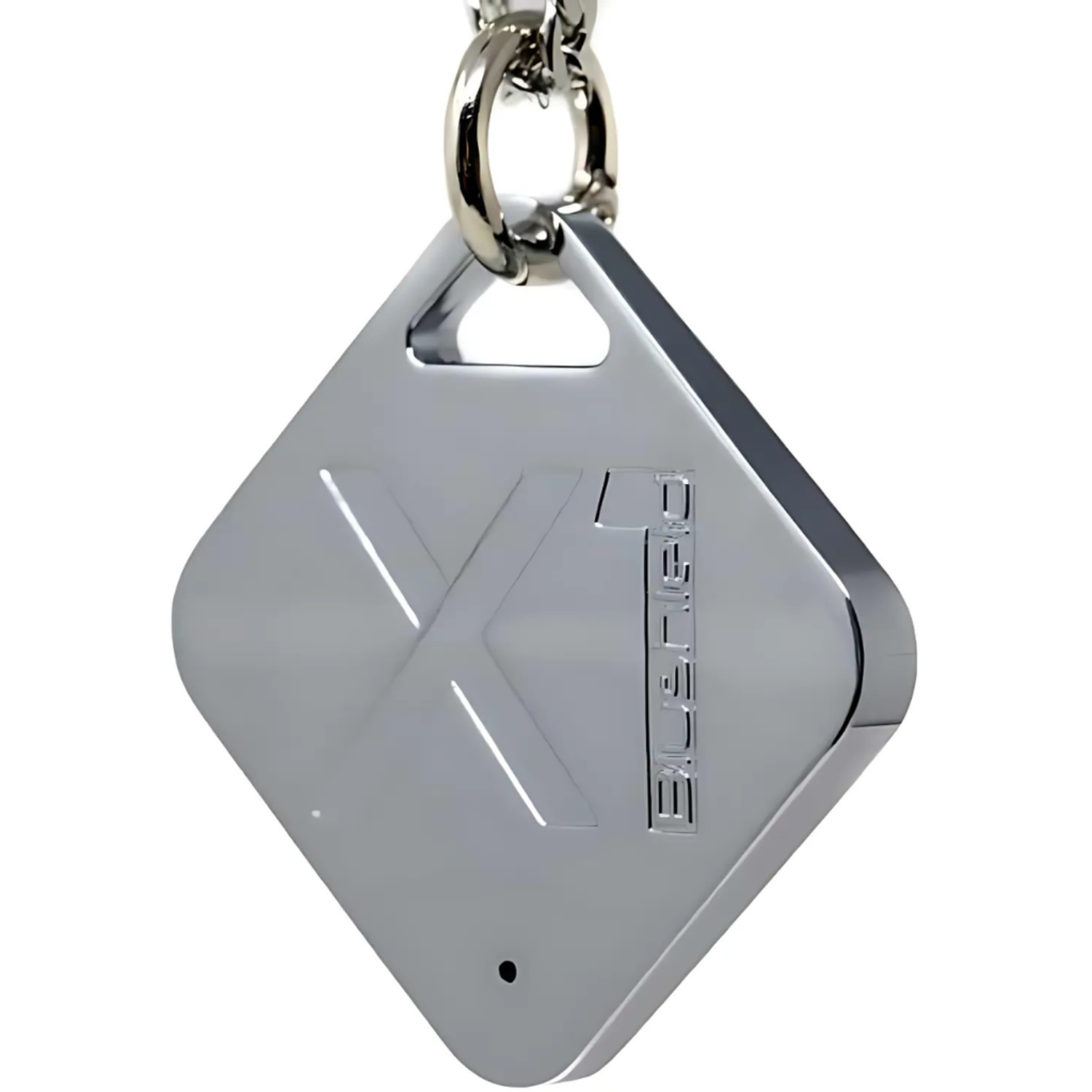 Silver keychain device with a logo on a white background
