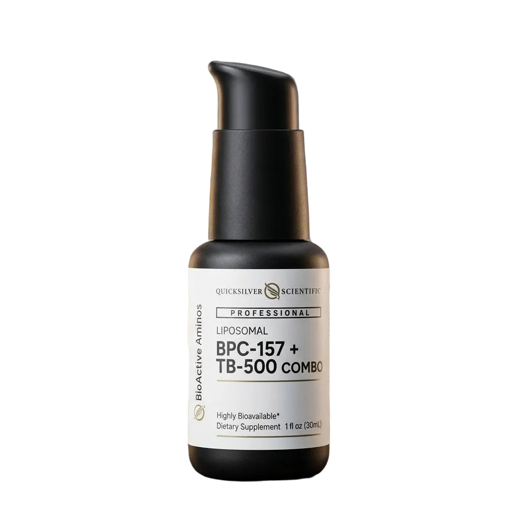 BPC-157 + TB-500 Combo bottle for systemic tissue regeneration drops, highly bioavailable dietary supplement.