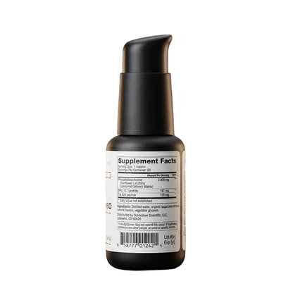 BPC-157 + TB-500 Combo Supplement Facts for Systemic Tissue Regeneration Drops, showing dosage details.