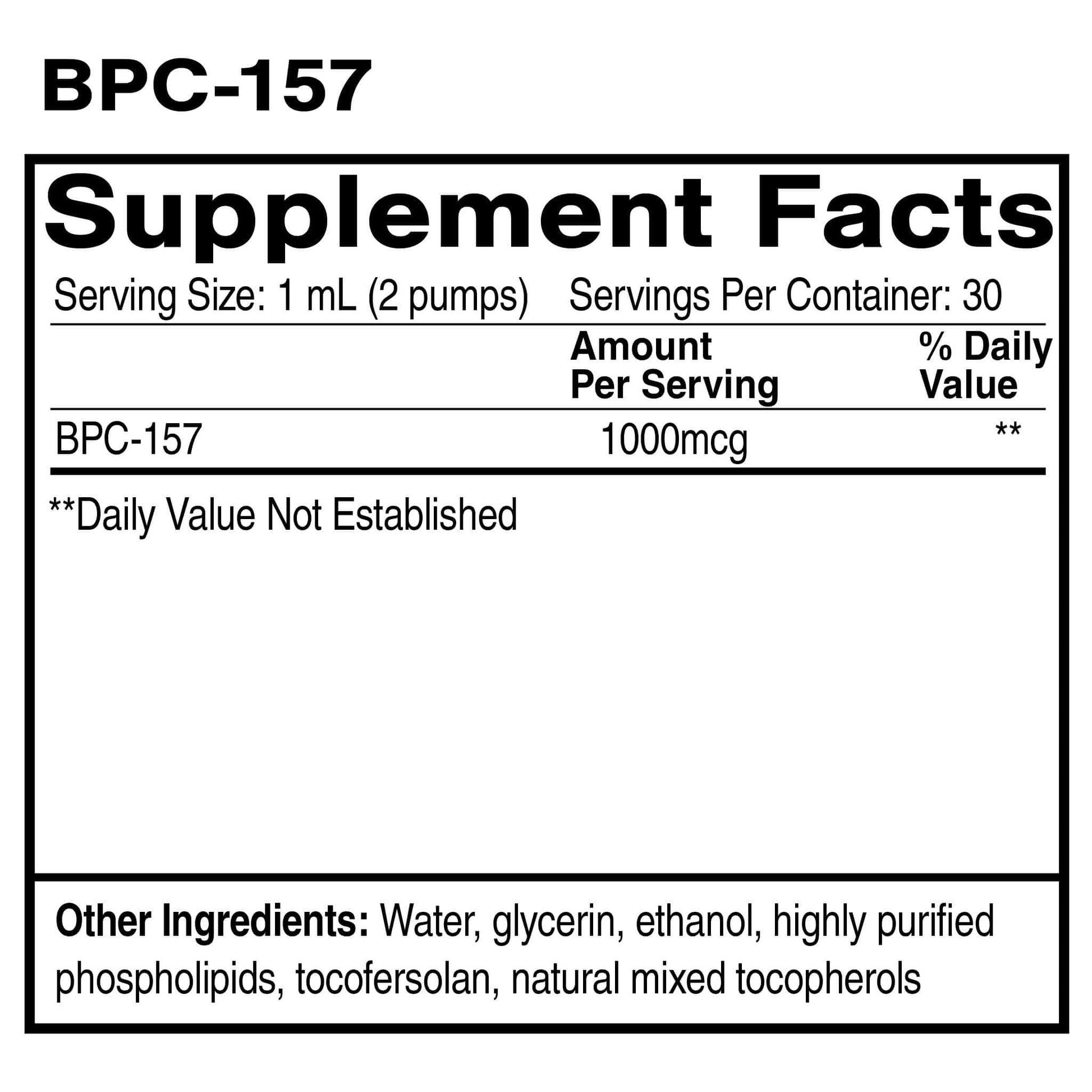 BPC-157 Supplement Facts showing serving size, amount per serving, and other ingredients in Regenerative Amino Acid Formula.