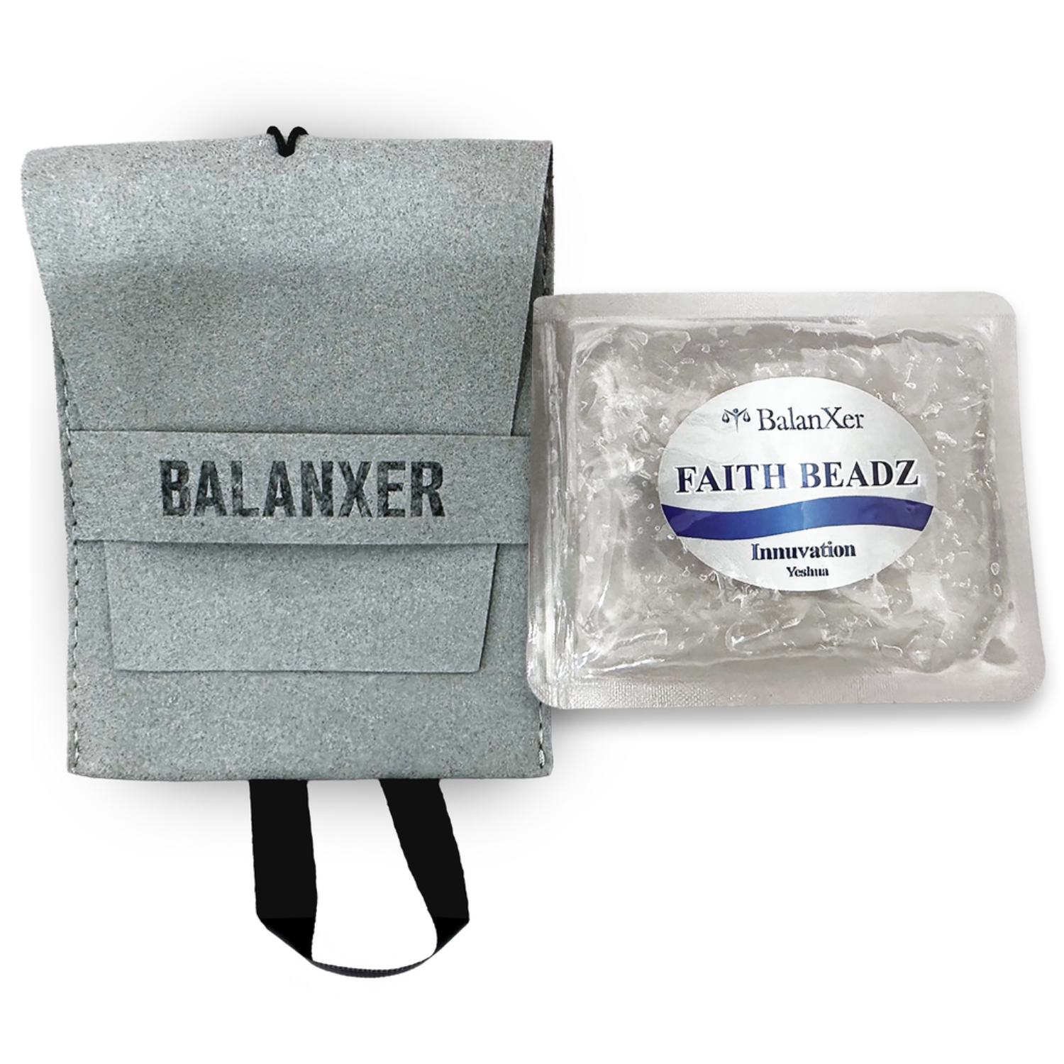 Gray pouch with 'Balanxer' branding and a container of 'Faith Beadz' on a white background