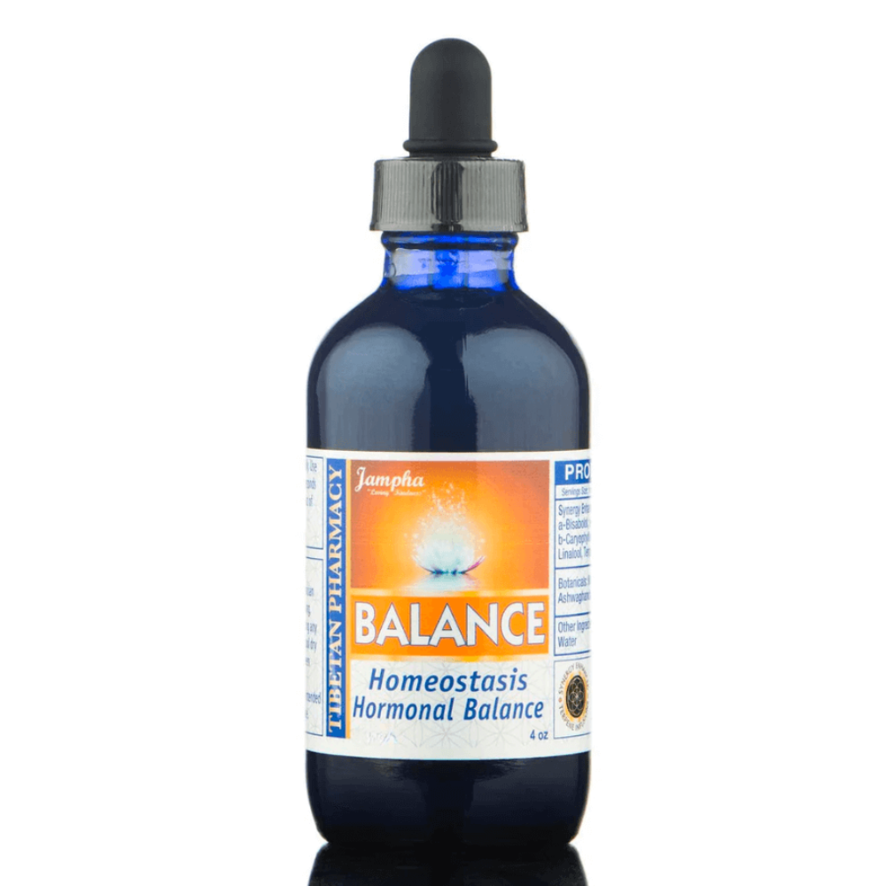 Bottle of 'Balance' homeostasis hormonal balance supplement with a dropper on a white background