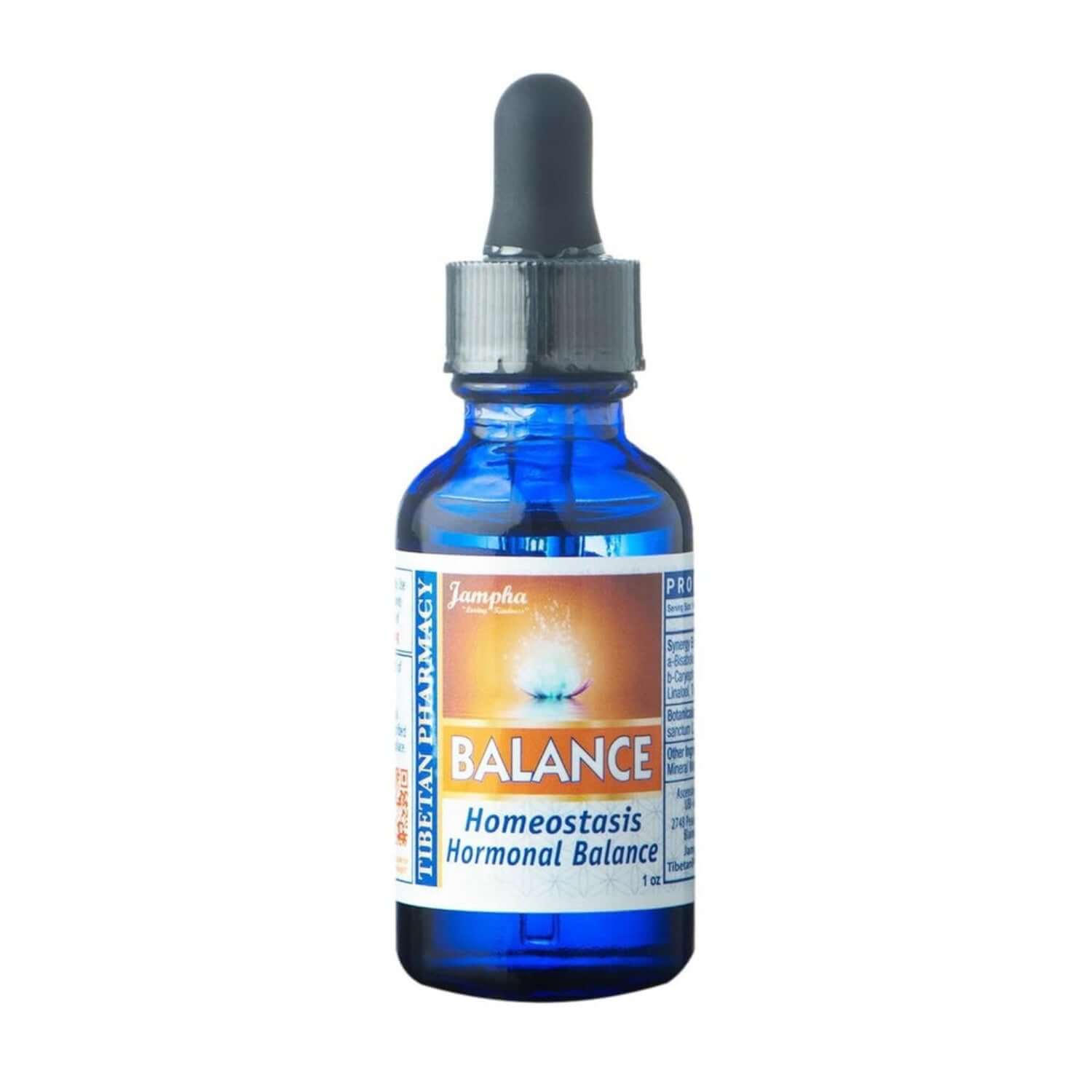 blue glass dropper with black rubber lid, white label with blue and orange, Jampha Tibetan Pharmacy, BALANCE Homeostatis Hormone Balance, 1oz