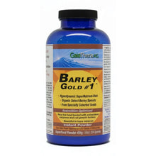 Sprouted Barley Grass Protein Powder in blue bottle labeled Barley Gold with nutrition information.