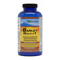 Sprouted Barley Grass Protein Powder in blue bottle labeled Barley Gold with nutrition information.