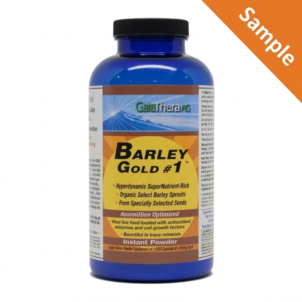 Barley Gold - Sprouted Barley Grain Protein Powder in a blue bottle, packed with nutrients and enzymes for health enhancement.