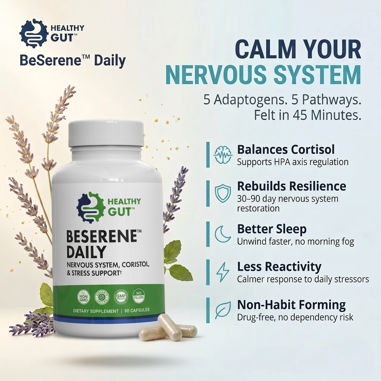 BeSerene Daily - Adaptogenic Stress Relief, balancing cortisol and supporting nervous system in 90 capsules packaging.