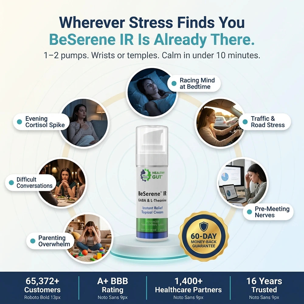 Advertisement for BeSerene IR calming cream with lifestyle images and product details.