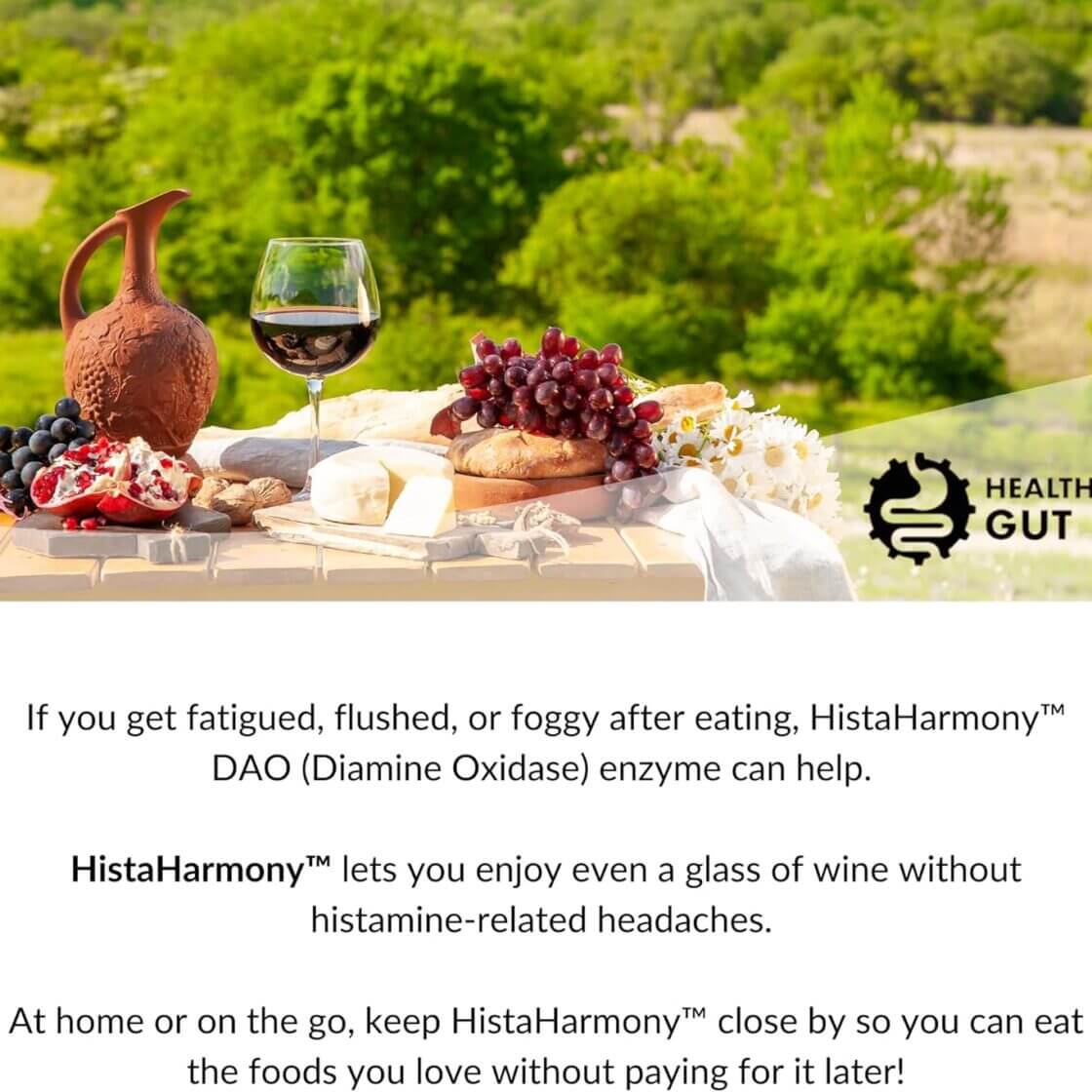 Outdoor setting with wine, cheese, and grapes on a table with greenery in the background.