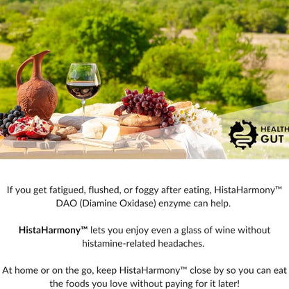 Outdoor setting with wine, cheese, and grapes on a table with greenery in the background.