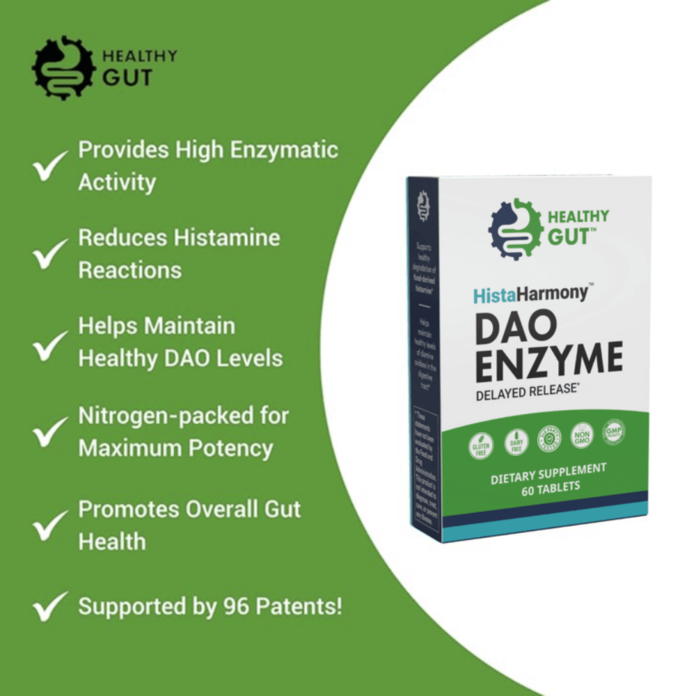 Box of HistaHarmony DAO Enzyme supplement with green background and text listing benefits