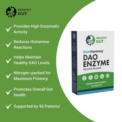 Box of HistaHarmony DAO Enzyme supplement with green background and text listing benefits