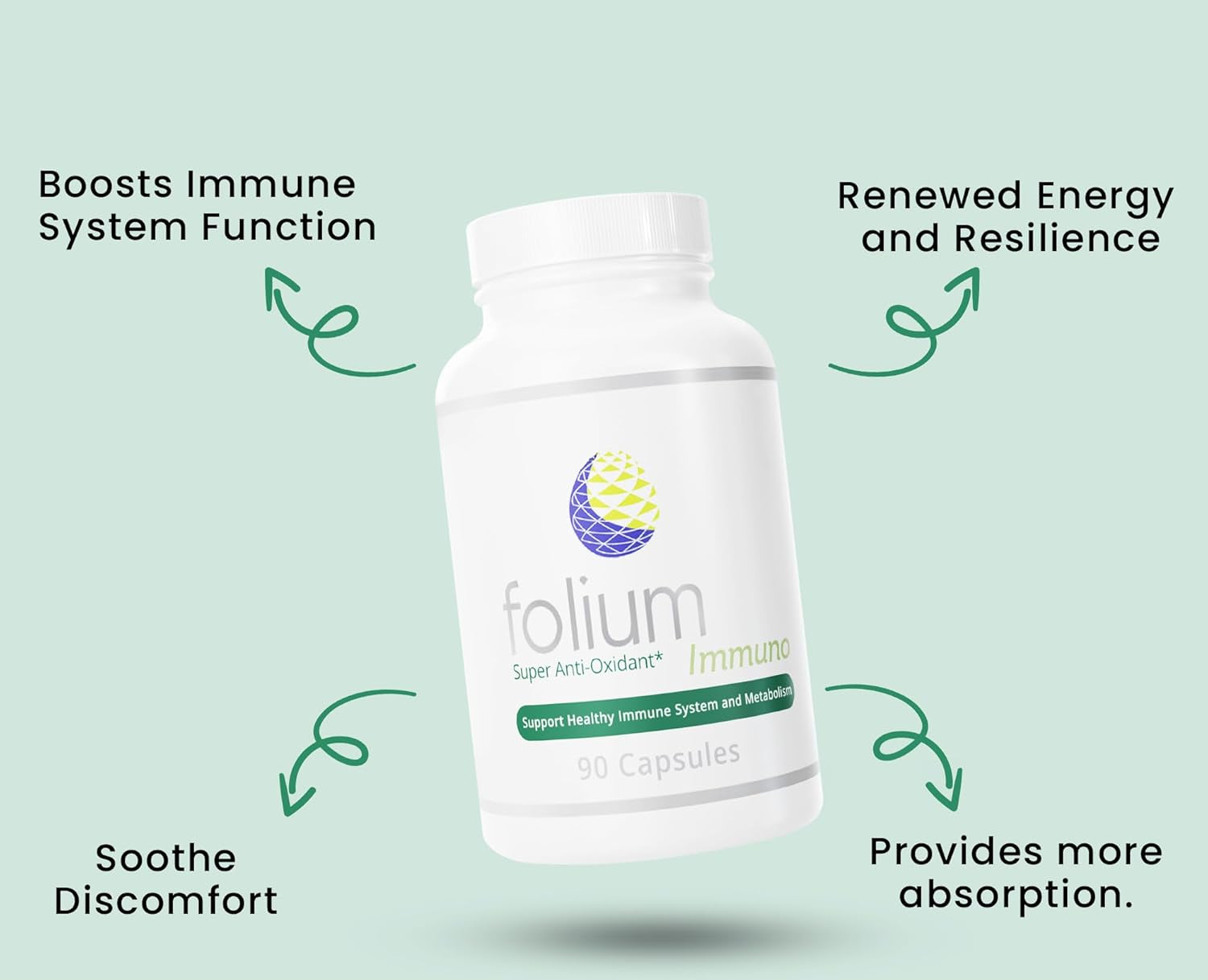 Folium Immuno supplement bottle with text highlighting benefits on a light green background