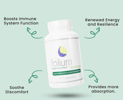 Folium Immuno supplement bottle with text highlighting benefits on a light green background