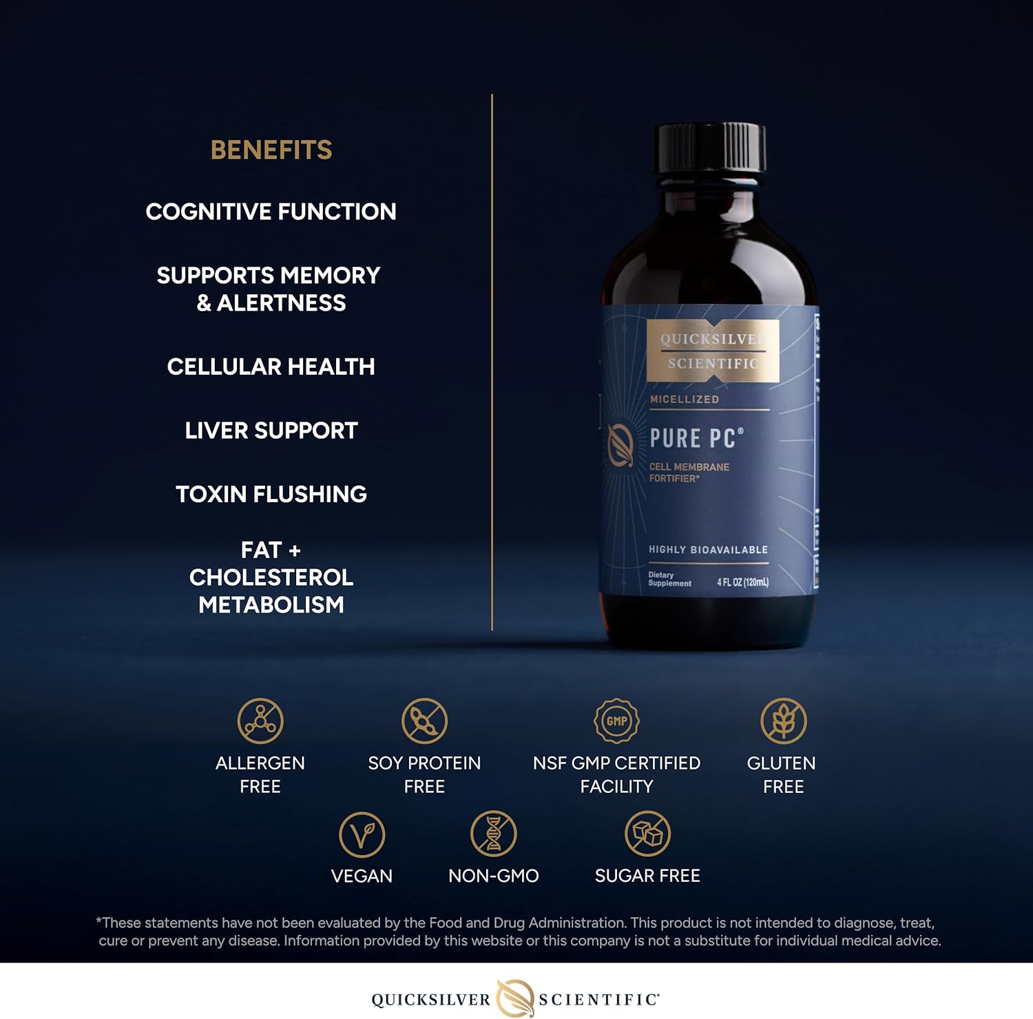 Quicksilver Scientific Pure PC supplement bottle with benefits listed on a dark background