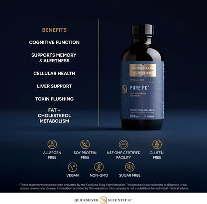 Quicksilver Scientific Pure PC supplement bottle with benefits listed on a dark background