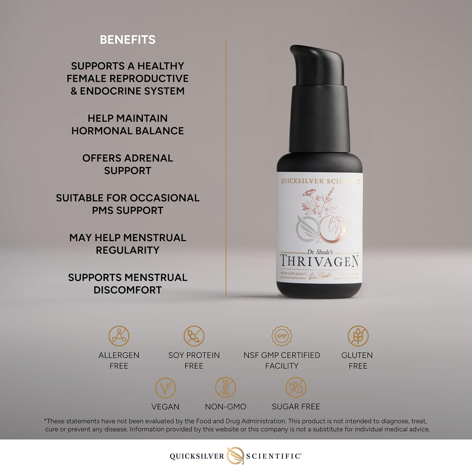 Thrivagen serum bottle with benefits listed on a gray background