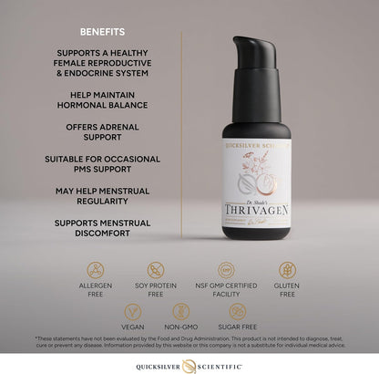 Thrivagen serum bottle with benefits listed on a gray background