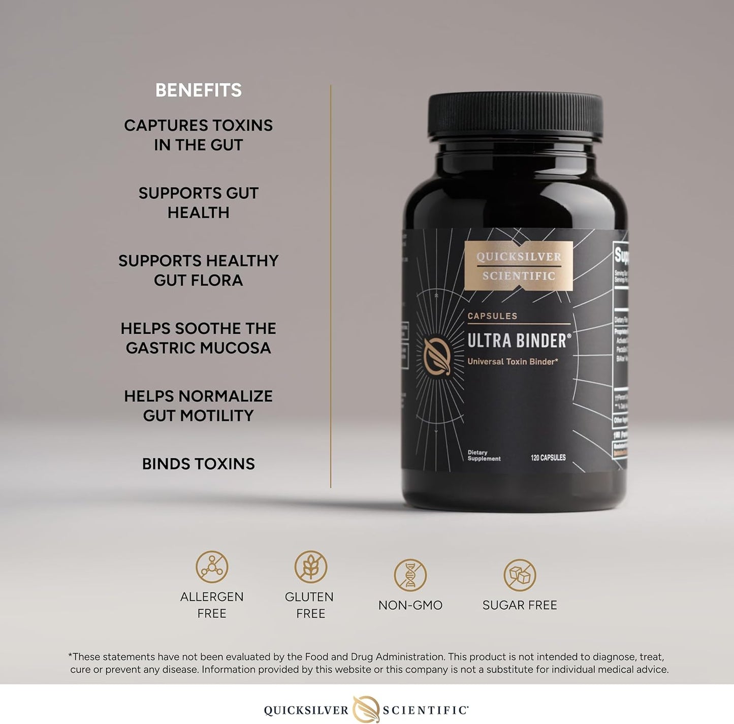 Quicksilver Scientific Ultra Binder supplement bottle with benefits listed on a gray background