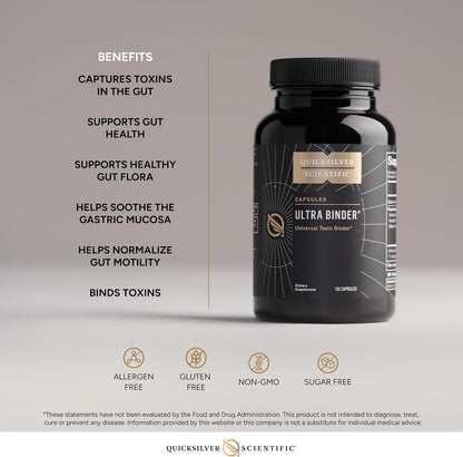 Quicksilver Scientific Ultra Binder supplement bottle with benefits listed on a gray background