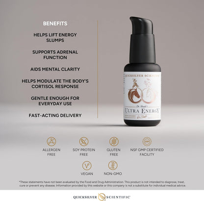 Quicksilver Scientific Ultra Energy supplement bottle with benefits listed on a gray background