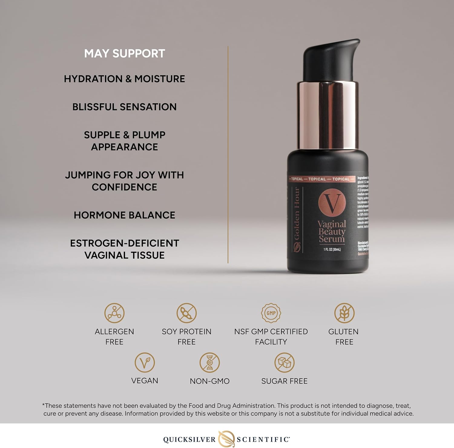 Vaginal beauty serum bottle with benefits listed on a gray background