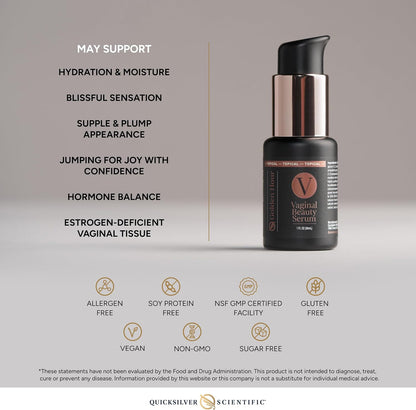 Vaginal beauty serum bottle with benefits listed on a gray background