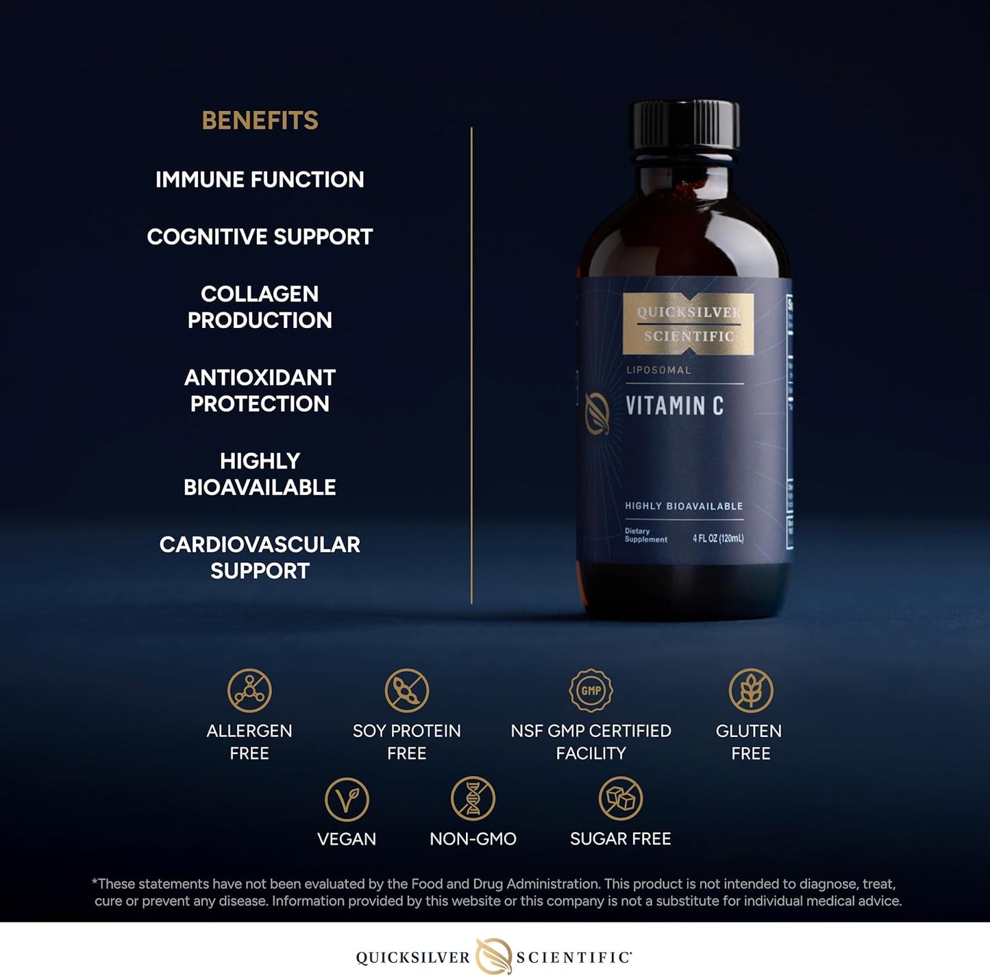 Quicksilver Scientific Vitamin C bottle with benefits listed on a dark background
