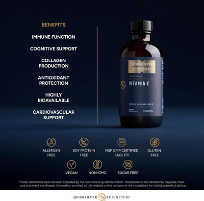 Quicksilver Scientific Vitamin C bottle with benefits listed on a dark background