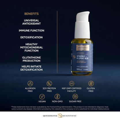 Quicksilver Scientific vitamin C + Alpha Lipoic Acid bottle with benefits listed on a dark background