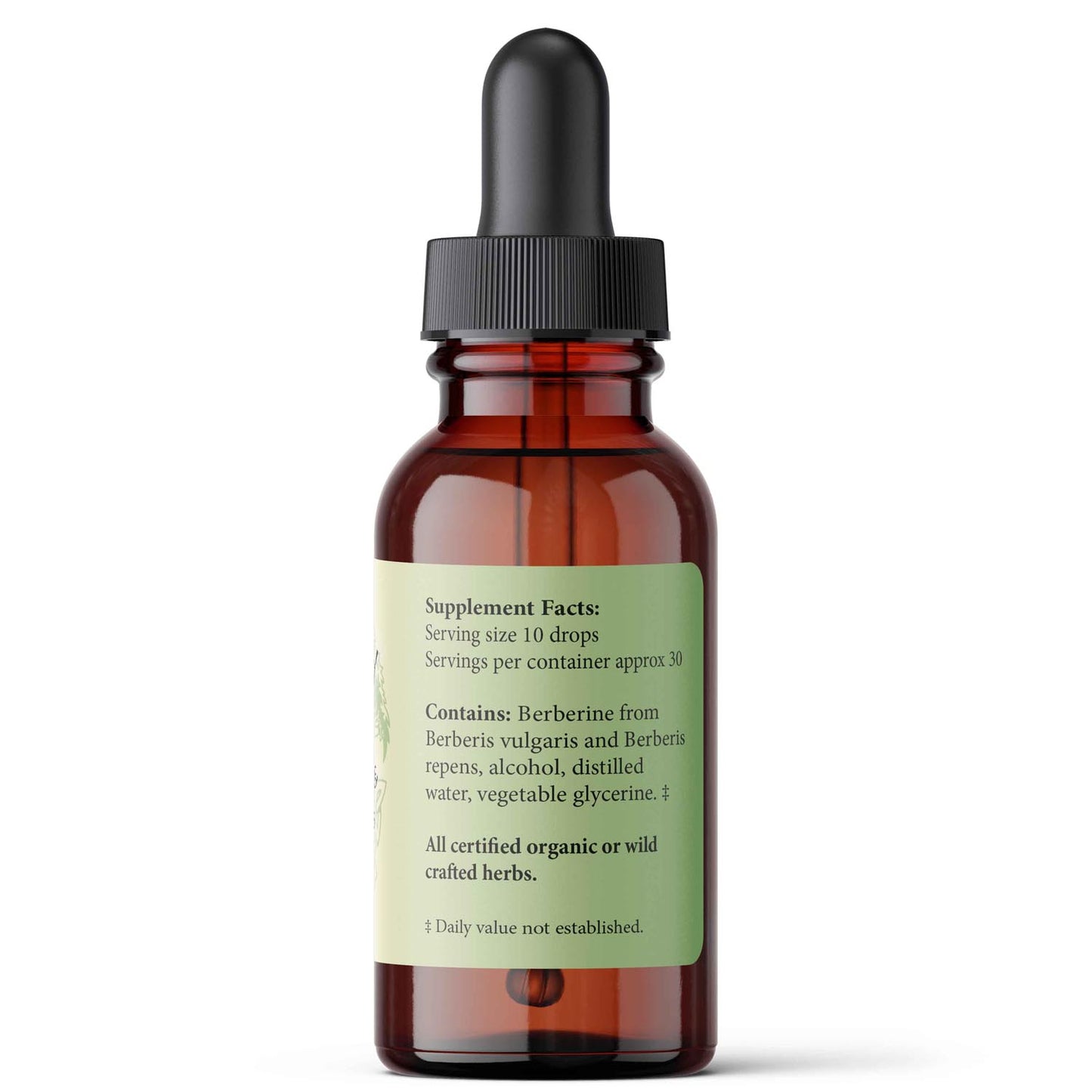 Brown glass dropper bottle with a label on a white background