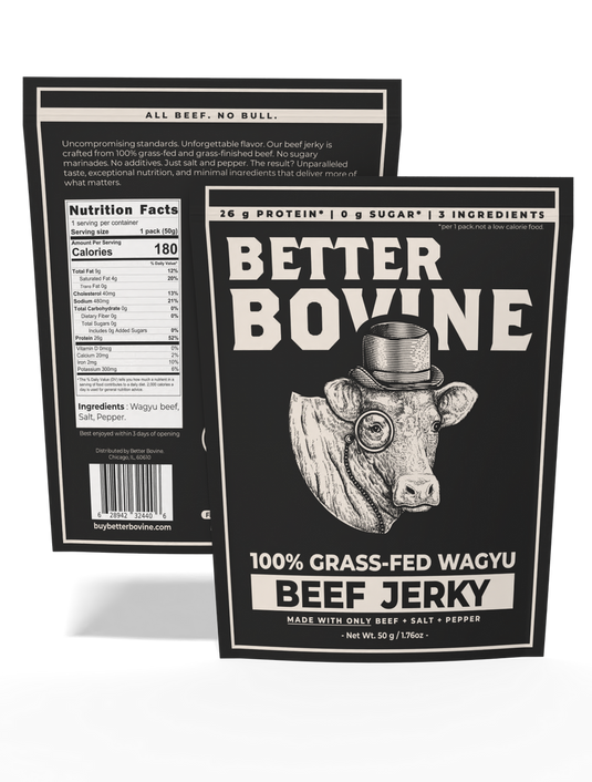 Pack of 5 - Wagyu Beef Jerky with nutritional facts and ingredients on the back, highlighting 100% grass-fed Wagyu.