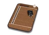A brown heated massage pad with a geometric pattern, featuring a built-in temperature controller and a white cooling vent, shown on a white background.