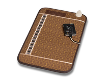 A brown heated massage pad with a geometric pattern, featuring a built-in temperature controller and a white cooling vent, shown on a white background.