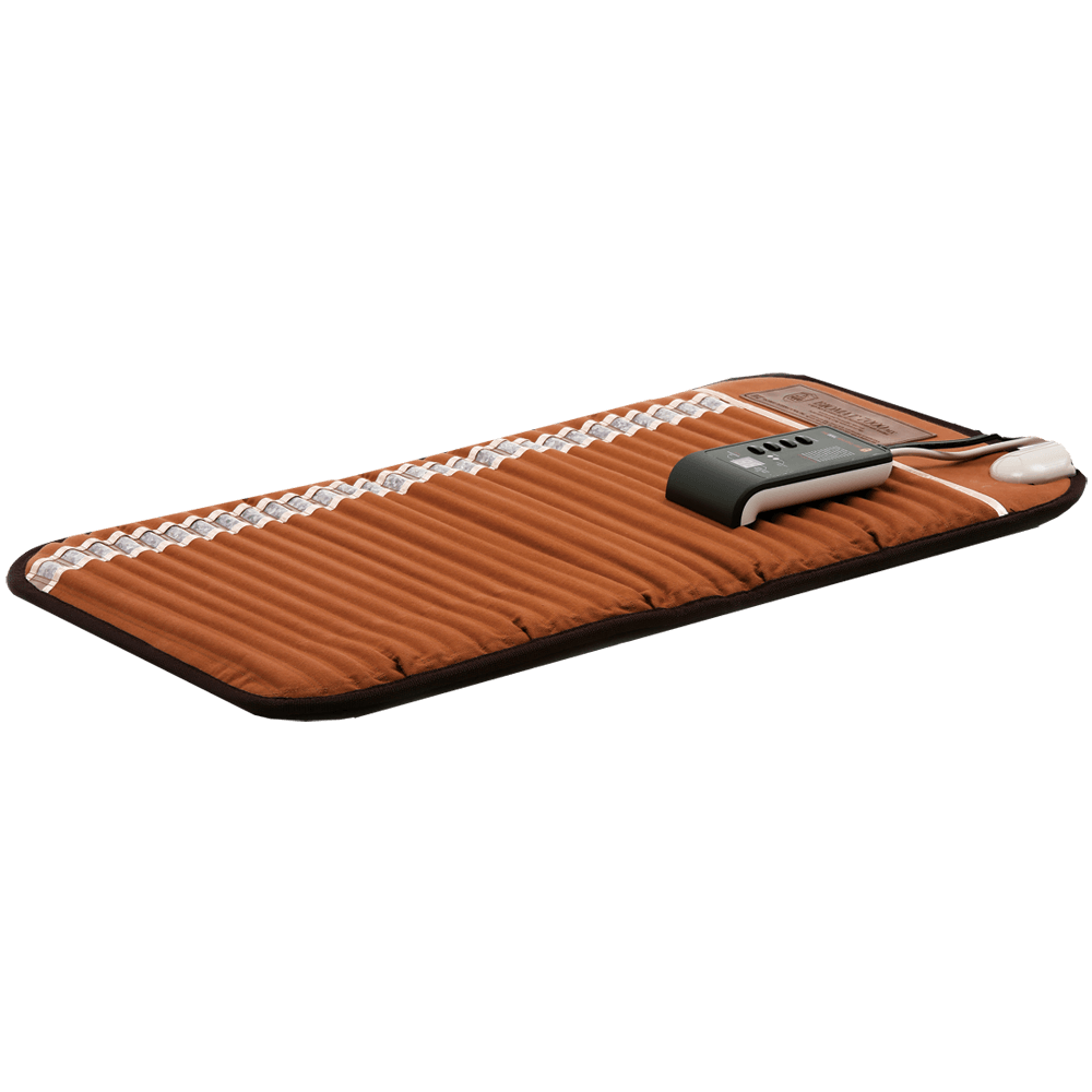 An electric heated massage mat in brown with a black border, featuring a white braided heating cord, a black remote control, and a white mouse on a plain white background.