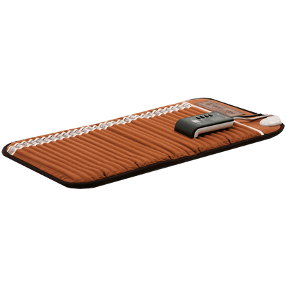 An electric heated massage mat in brown with a black border, featuring a white braided heating cord, a black remote control, and a white mouse on a plain white background.