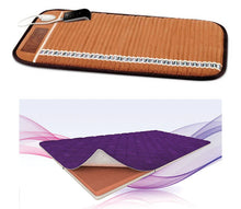 A dual-view presentation of an electric heating pad. The top view shows the heated quilted section in a warm brown/tan color with a black control unit and white cord.