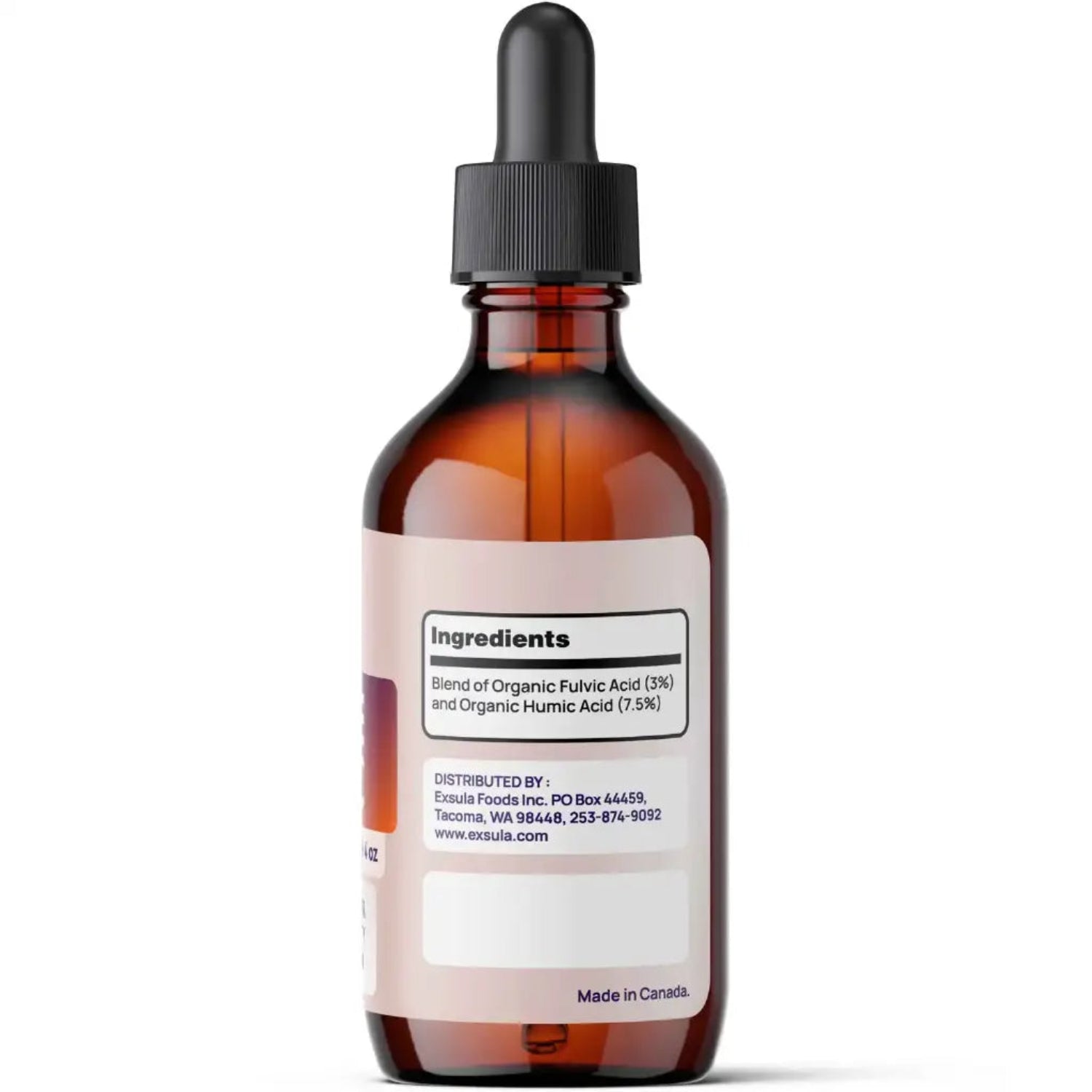 Amber glass dropper bottle with a white label on a white background