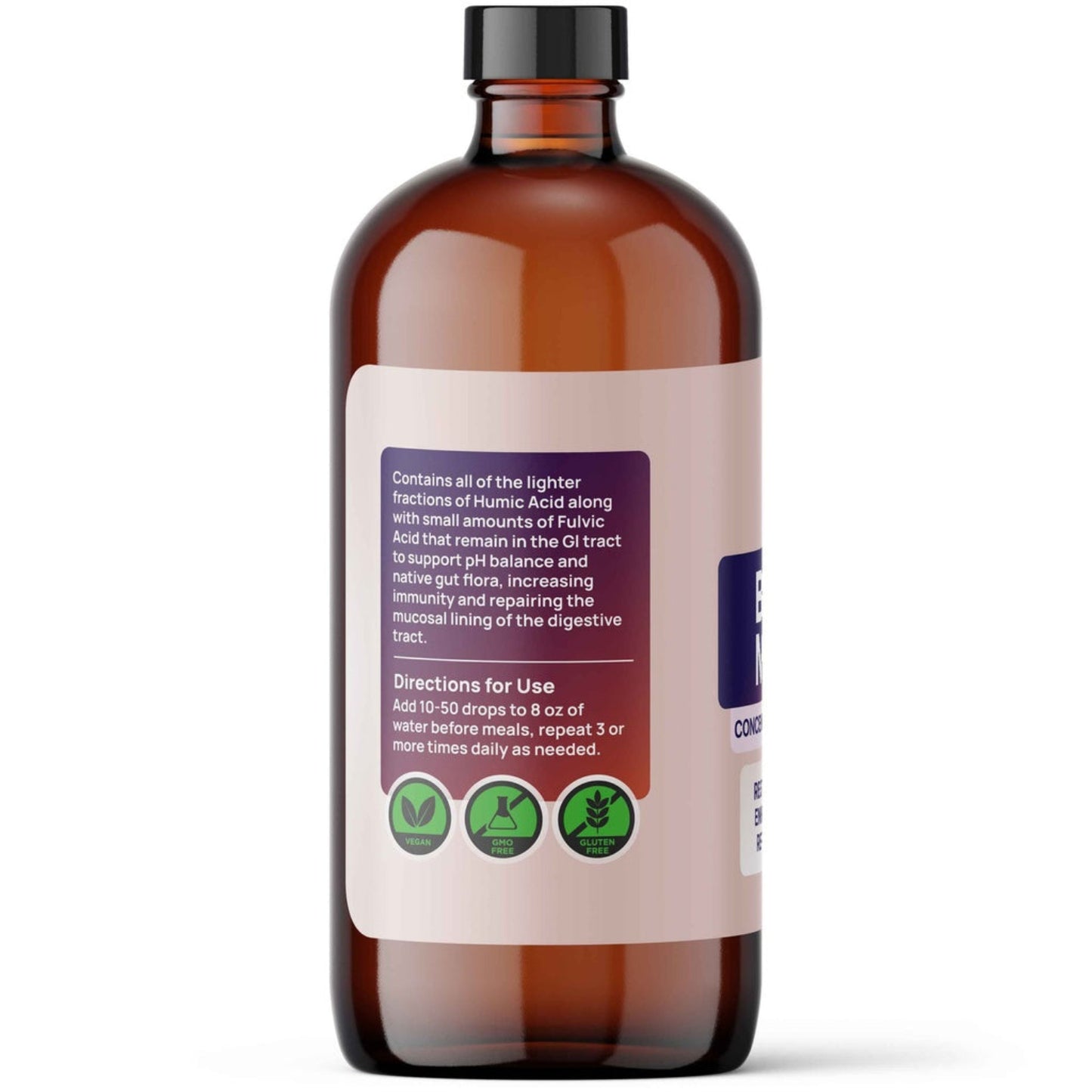 Brown glass bottle with label on a white background