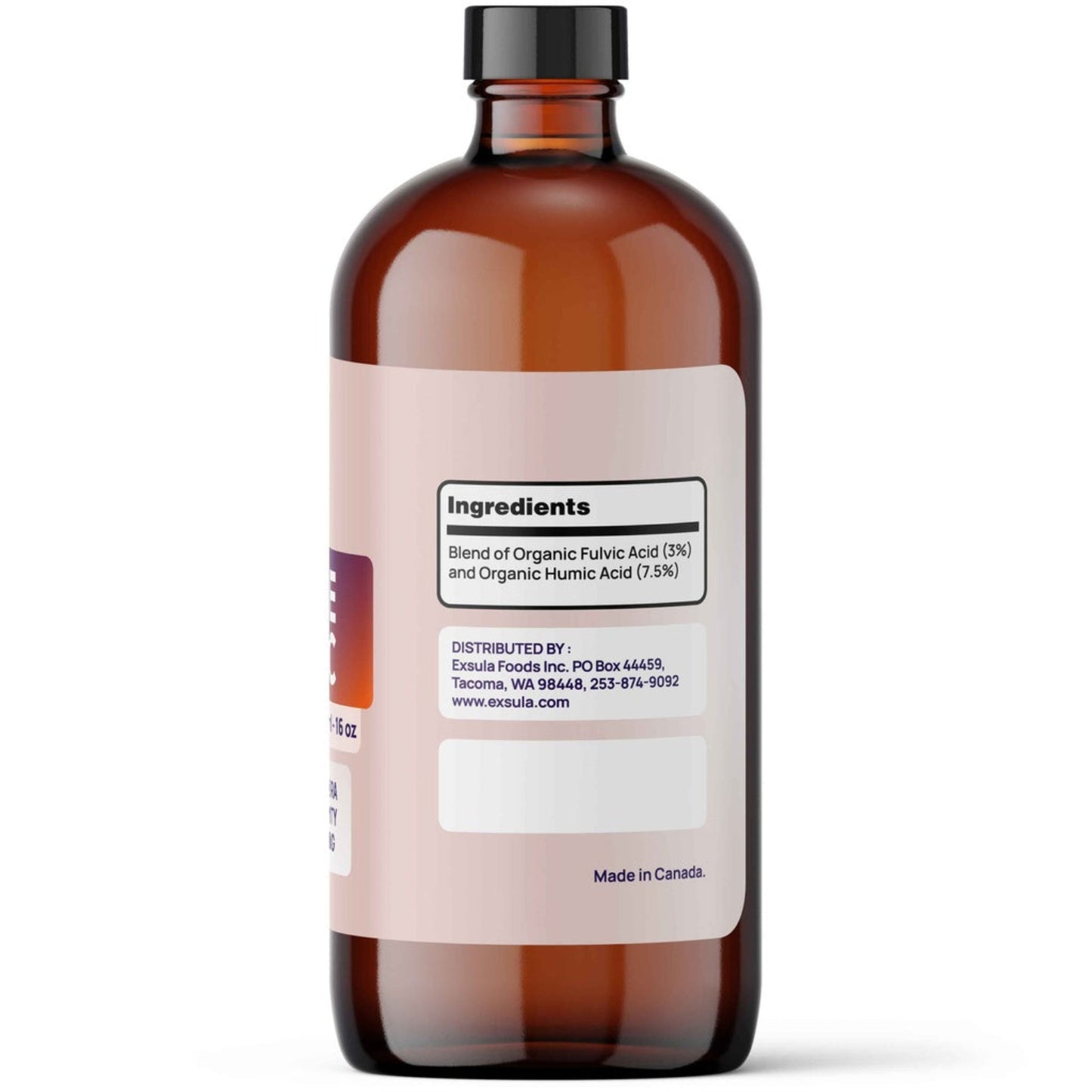 Brown glass bottle with a label on a white background