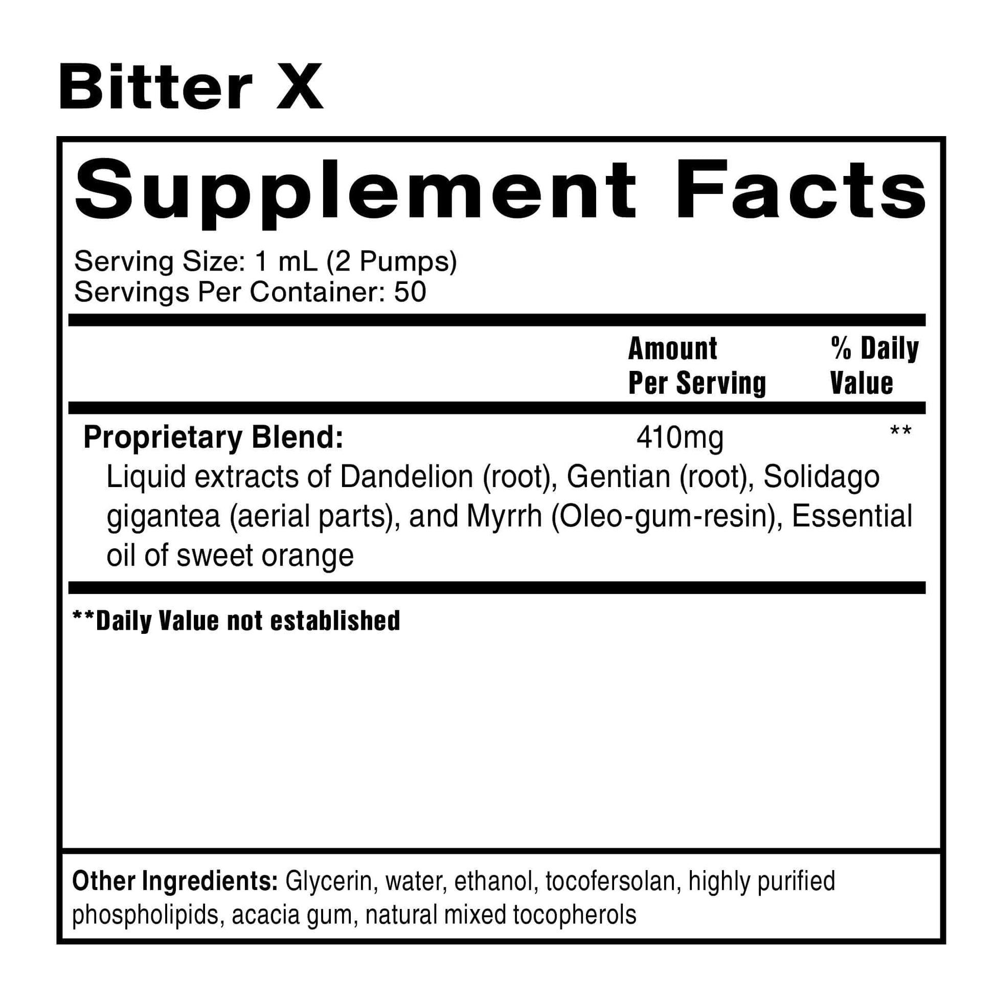 Supplement facts label for Bitter X, featuring Liposomal Bitter Herbs ingredients and serving details.