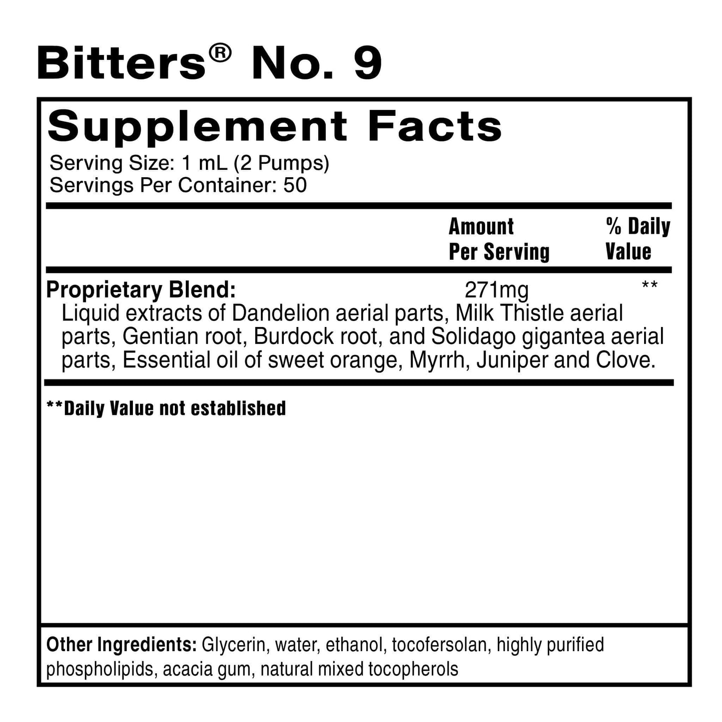 Supplement facts for Bitters No. 9, featuring Liposomal Bitter Herbs, Dandelion, Milk Thistle, Gentian, and more.