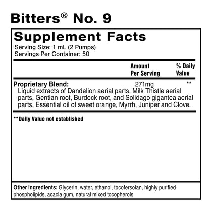 Supplement facts for Bitters No. 9, featuring Liposomal Bitter Herbs, Dandelion, Milk Thistle, Gentian, and more.